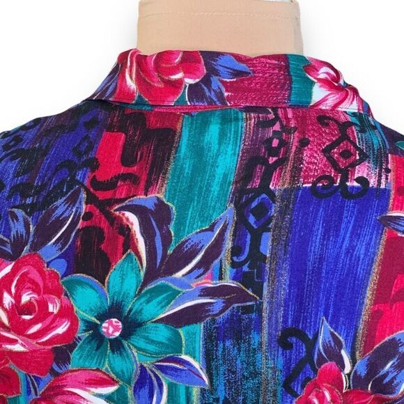 Vintage Bon Worth Shirt Colorful Pink Floral Abstract Color Block Short Sleeve - Picture 5 of 10